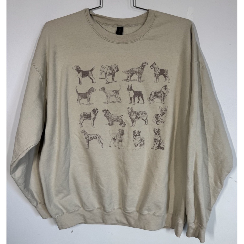 VTG Dog Lover Multi Breed Graphic Print Tan Fleece Pullover Sweatshirt Size XL